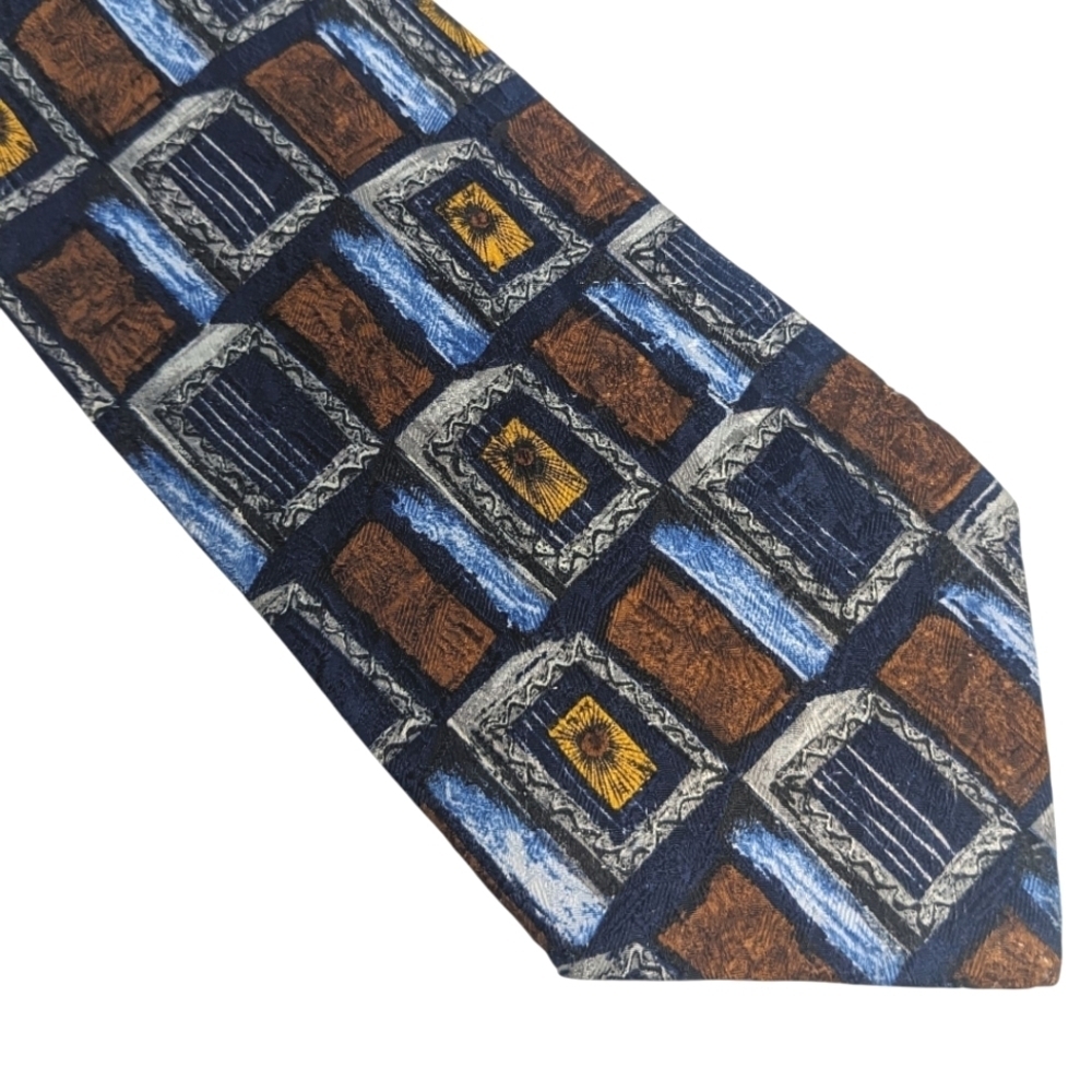 Elegant Navy Blue And Yellow Abstract Window Pane Silk Men's Tie